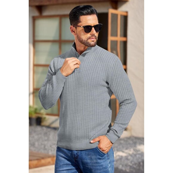 Men's Quarter Button Sweater Long Sleeve Stand Collar Sweater Knitted Grey - Picture 3 of 5